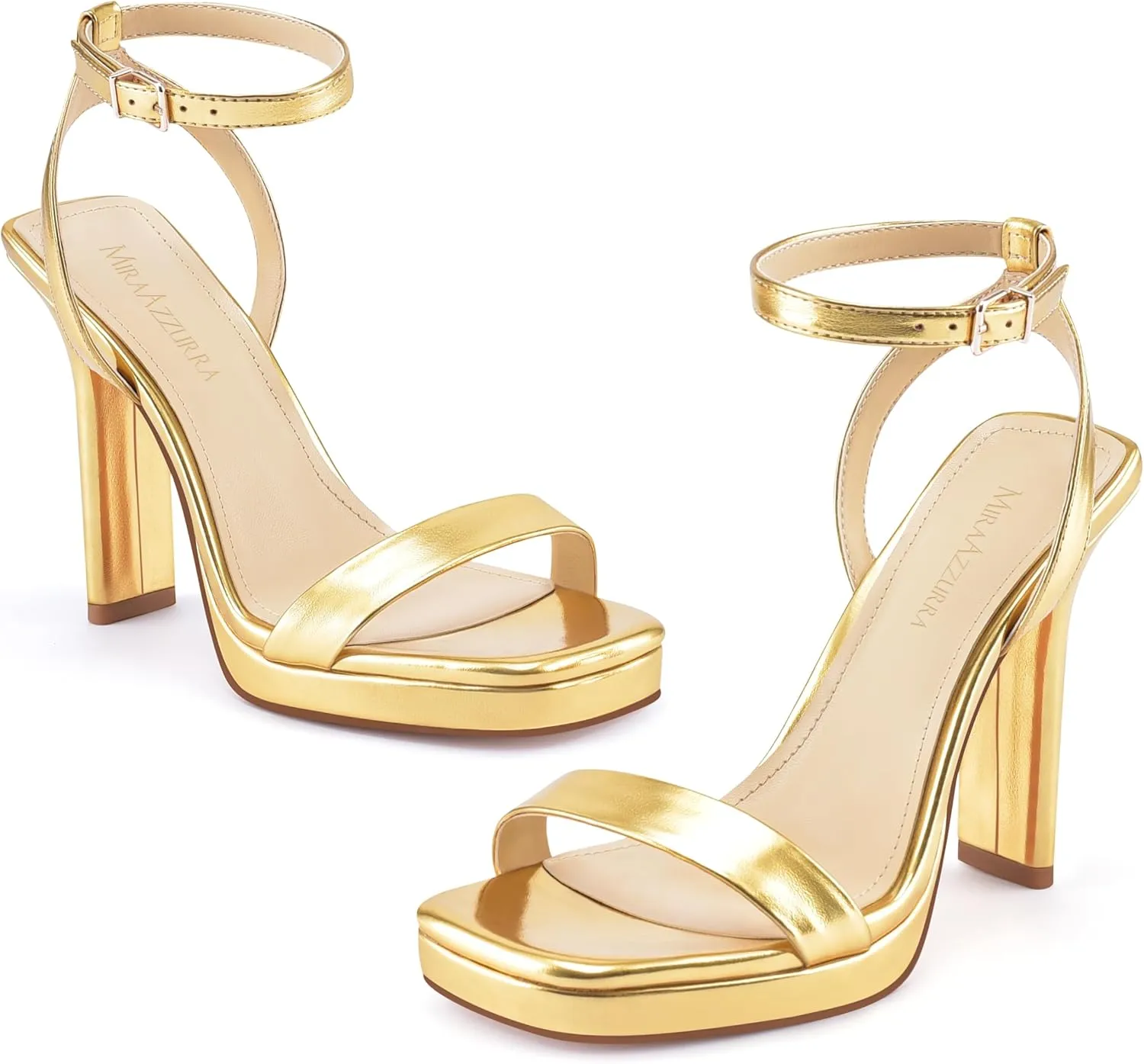 MIRAAZZURRA Platform Heels Square Open Toe Chunky High Heeled Sandals with Buckle Ankle Strap for Women Party Wedding