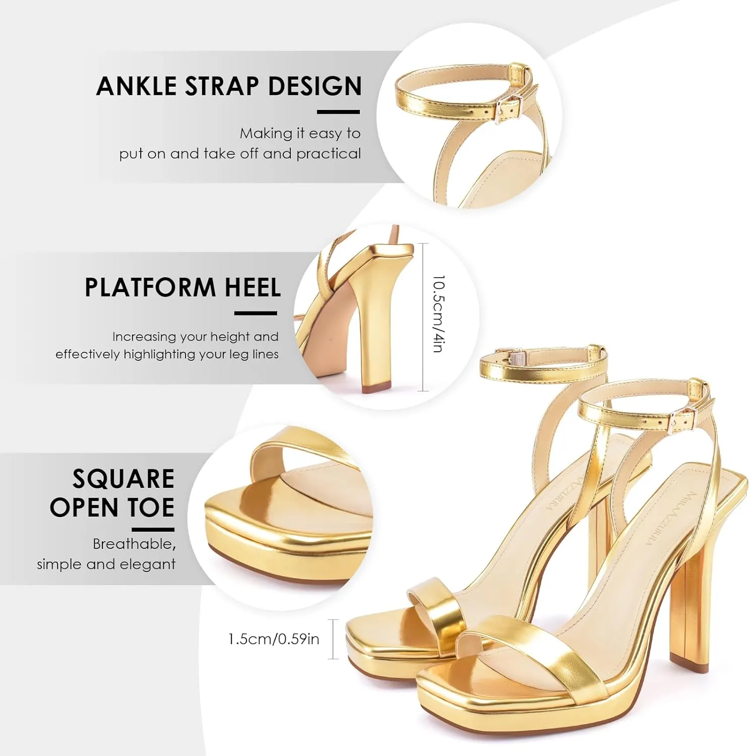 MIRAAZZURRA Platform Heels Square Open Toe Chunky High Heeled Sandals with Buckle Ankle Strap for Women Party Wedding