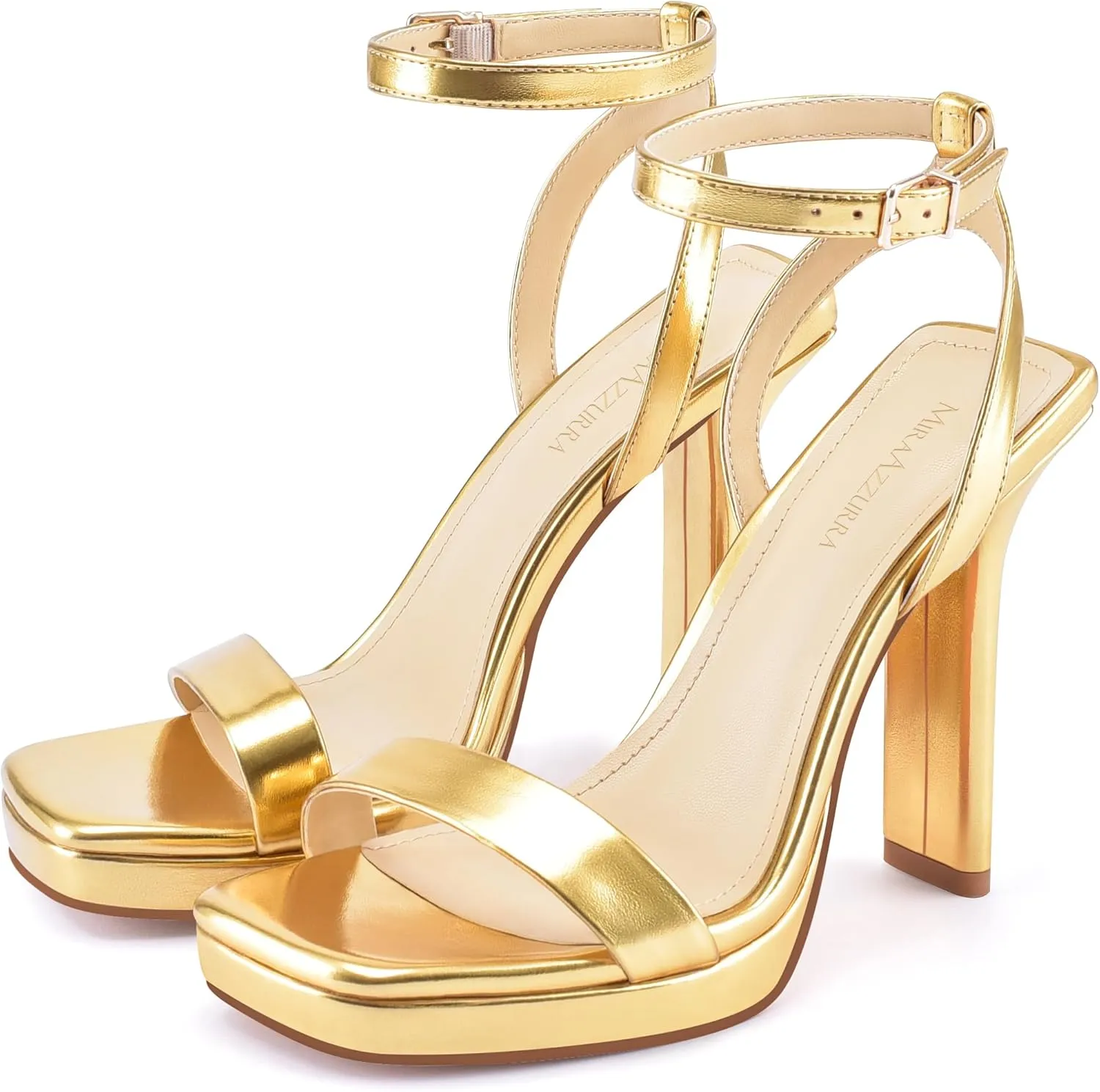 MIRAAZZURRA Platform Heels Square Open Toe Chunky High Heeled Sandals with Buckle Ankle Strap for Women Party Wedding
