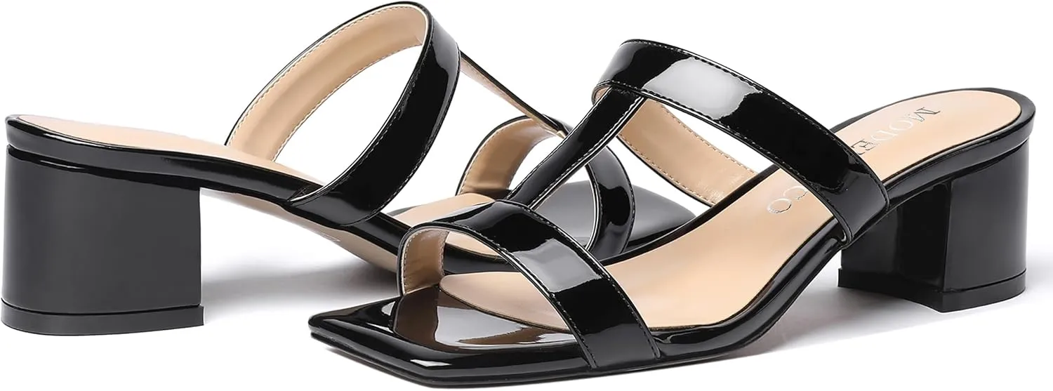 MODENCOCO Women's Slip On Casual Strap Square Toe Comfortable Patent Party Chunky Low Heel Heeled Sandals 2 Inch