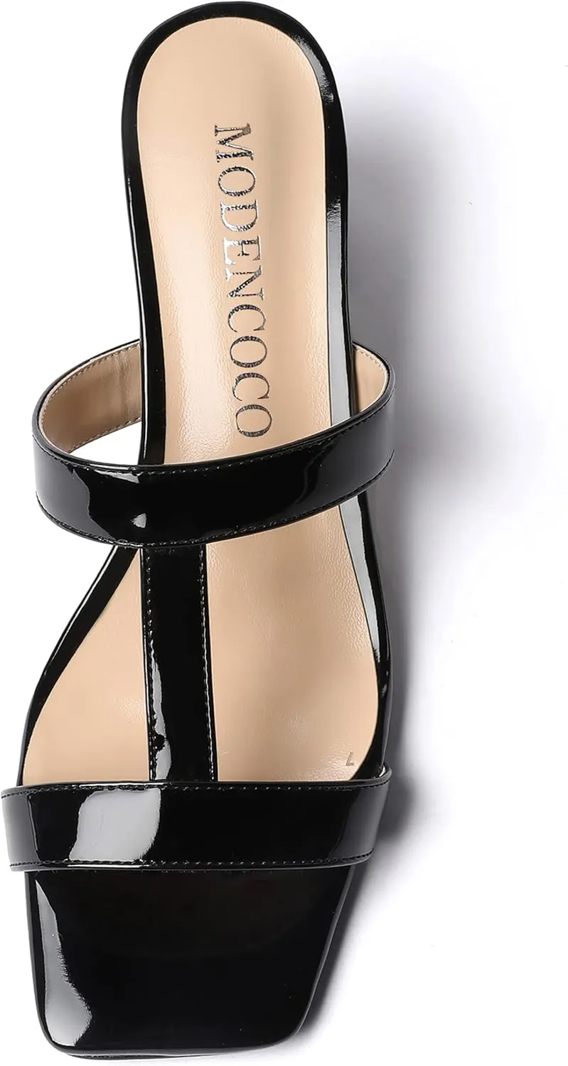MODENCOCO Women's Slip On Casual Strap Square Toe Comfortable Patent Party Chunky Low Heel Heeled Sandals 2 Inch