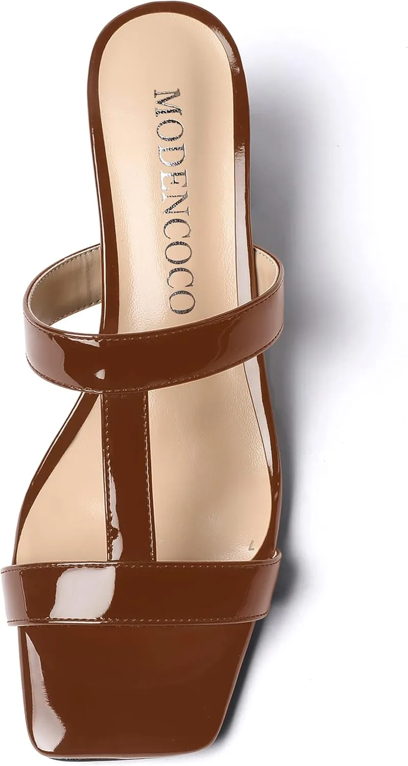 MODENCOCO Women's Slip On Casual Strap Square Toe Comfortable Patent Party Chunky Low Heel Heeled Sandals 2 Inch