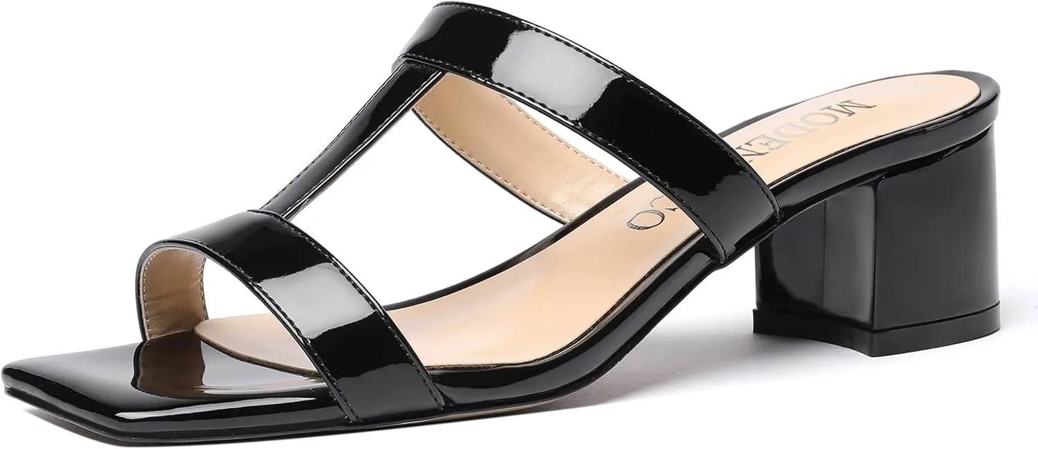 MODENCOCO Women's Slip On Casual Strap Square Toe Comfortable Patent Party Chunky Low Heel Heeled Sandals 2 Inch