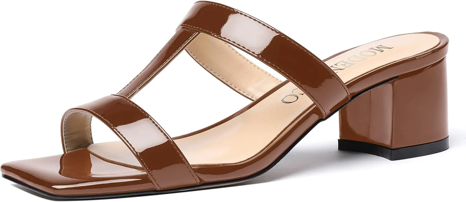 MODENCOCO Women's Slip On Casual Strap Square Toe Comfortable Patent Party Chunky Low Heel Heeled Sandals 2 Inch