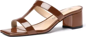 MODENCOCO Women's Slip On Casual Strap Square Toe Comfortable Patent Party Chunky Low Heel Heeled Sandals 2 Inch