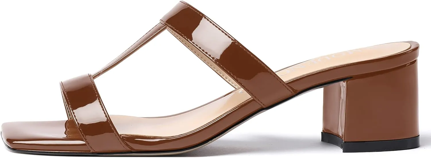 MODENCOCO Women's Slip On Casual Strap Square Toe Comfortable Patent Party Chunky Low Heel Heeled Sandals 2 Inch