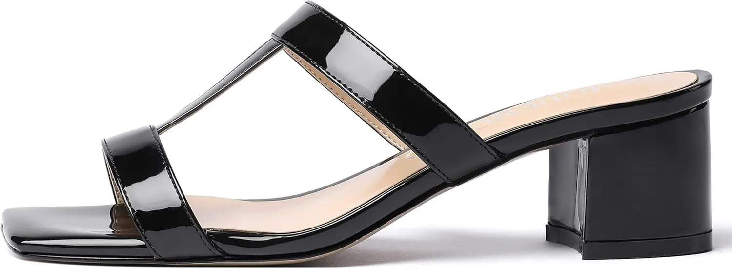 MODENCOCO Women's Slip On Casual Strap Square Toe Comfortable Patent Party Chunky Low Heel Heeled Sandals 2 Inch