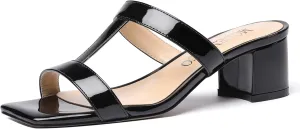 MODENCOCO Women's Slip On Casual Strap Square Toe Comfortable Patent Party Chunky Low Heel Heeled Sandals 2 Inch