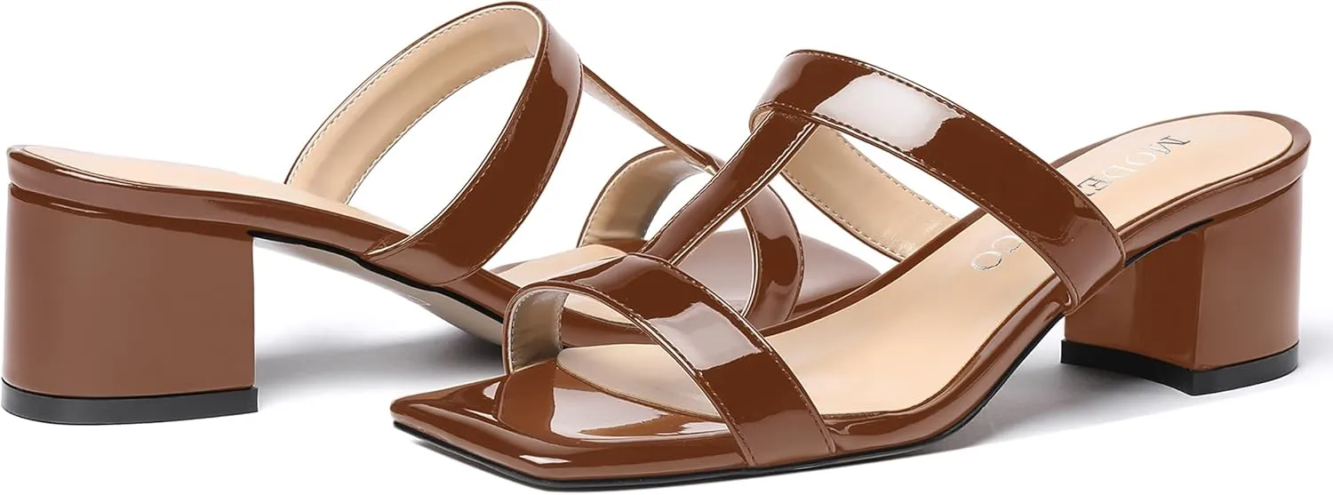 MODENCOCO Women's Slip On Casual Strap Square Toe Comfortable Patent Party Chunky Low Heel Heeled Sandals 2 Inch