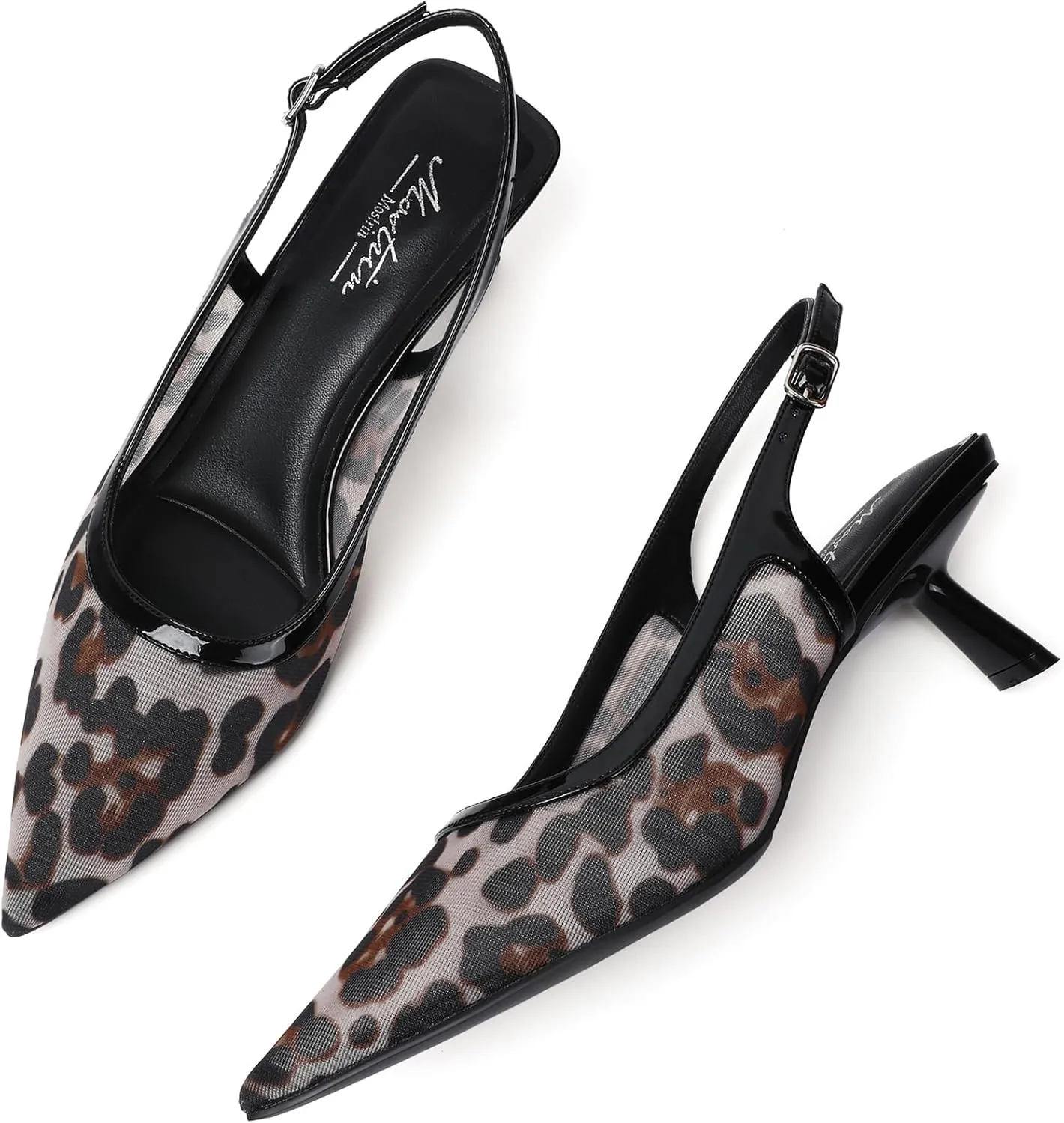 Mostrin Kitten Heels for Women Pointed Toe Pumps Patent Leather Low Heel Slingback Heels with Buckle Dress Shoes for Dating Party Working