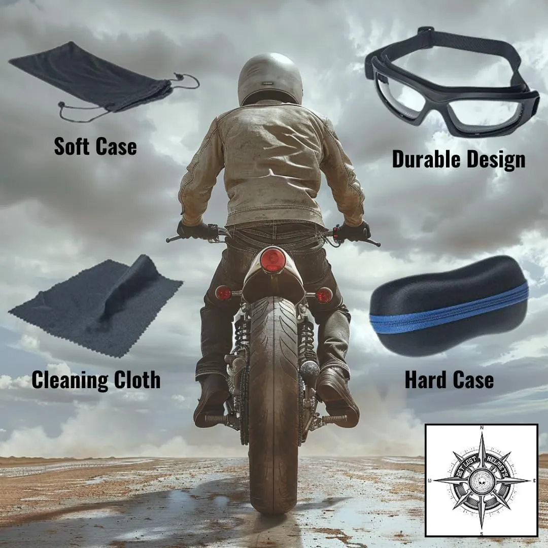 Motorcycle Goggles For Men: Heavy-Duty Motorcycle Riding Goggles w/Hard Case, Cleaning Cloth, & Pouch