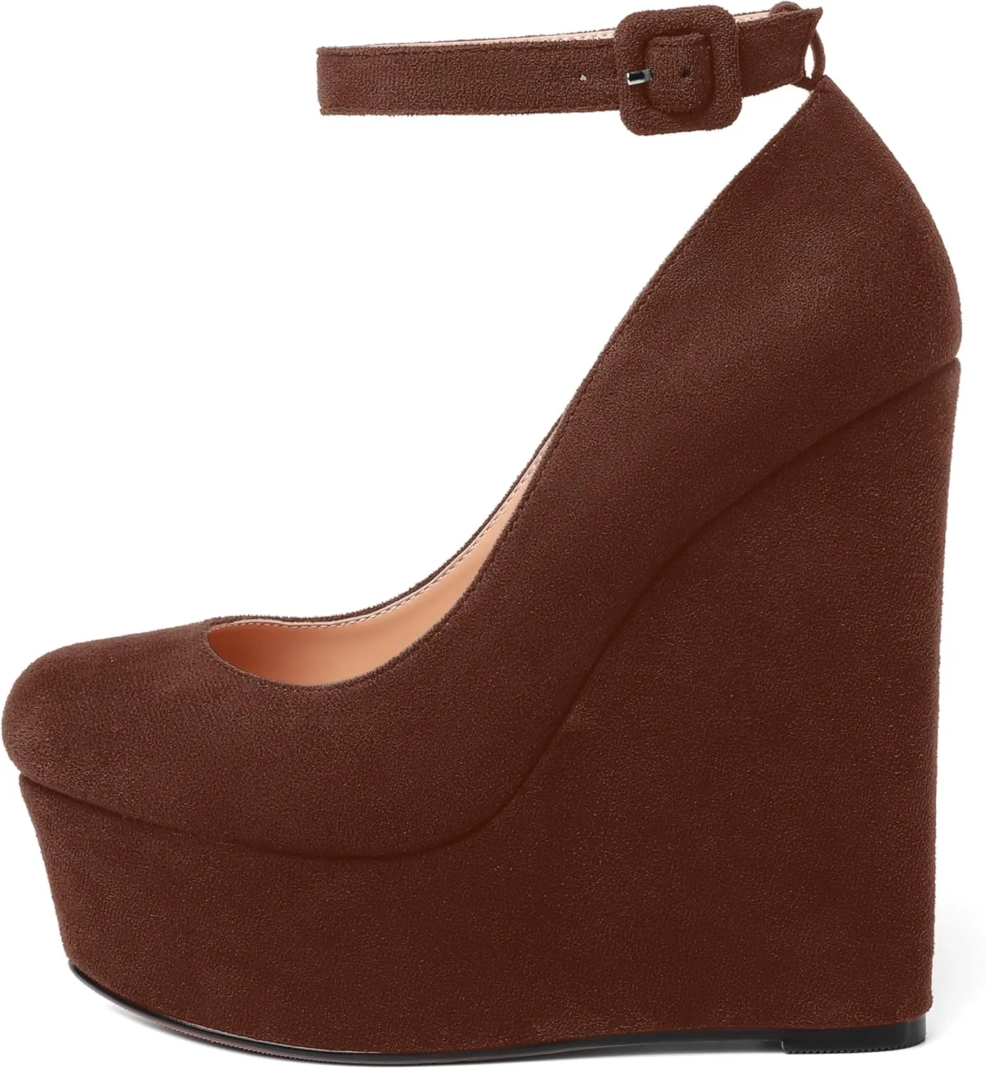 MOVINSTEPS Womens Buckle Fashion Ankle Strap Platform Solid Party Round Toe Suede Wedge High Heel Pumps Shoes 6 Inch