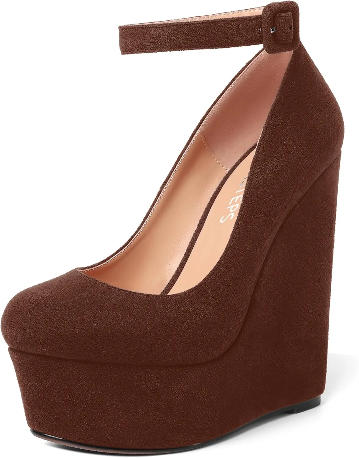 MOVINSTEPS Womens Buckle Fashion Ankle Strap Platform Solid Party Round Toe Suede Wedge High Heel Pumps Shoes 6 Inch