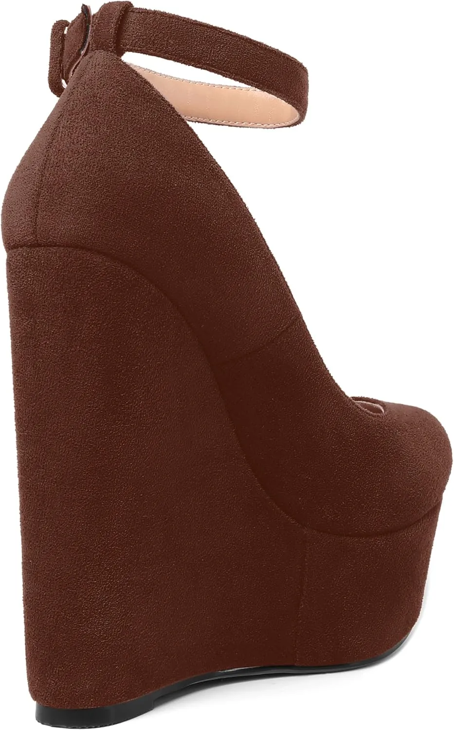 MOVINSTEPS Womens Buckle Fashion Ankle Strap Platform Solid Party Round Toe Suede Wedge High Heel Pumps Shoes 6 Inch