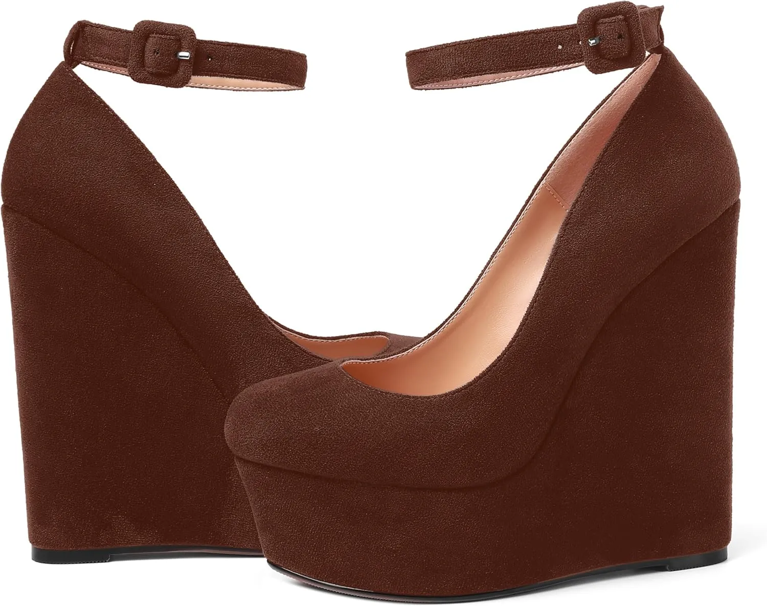 MOVINSTEPS Womens Buckle Fashion Ankle Strap Platform Solid Party Round Toe Suede Wedge High Heel Pumps Shoes 6 Inch