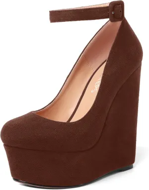 MOVINSTEPS Womens Buckle Fashion Ankle Strap Platform Solid Party Round Toe Suede Wedge High Heel Pumps Shoes 6 Inch