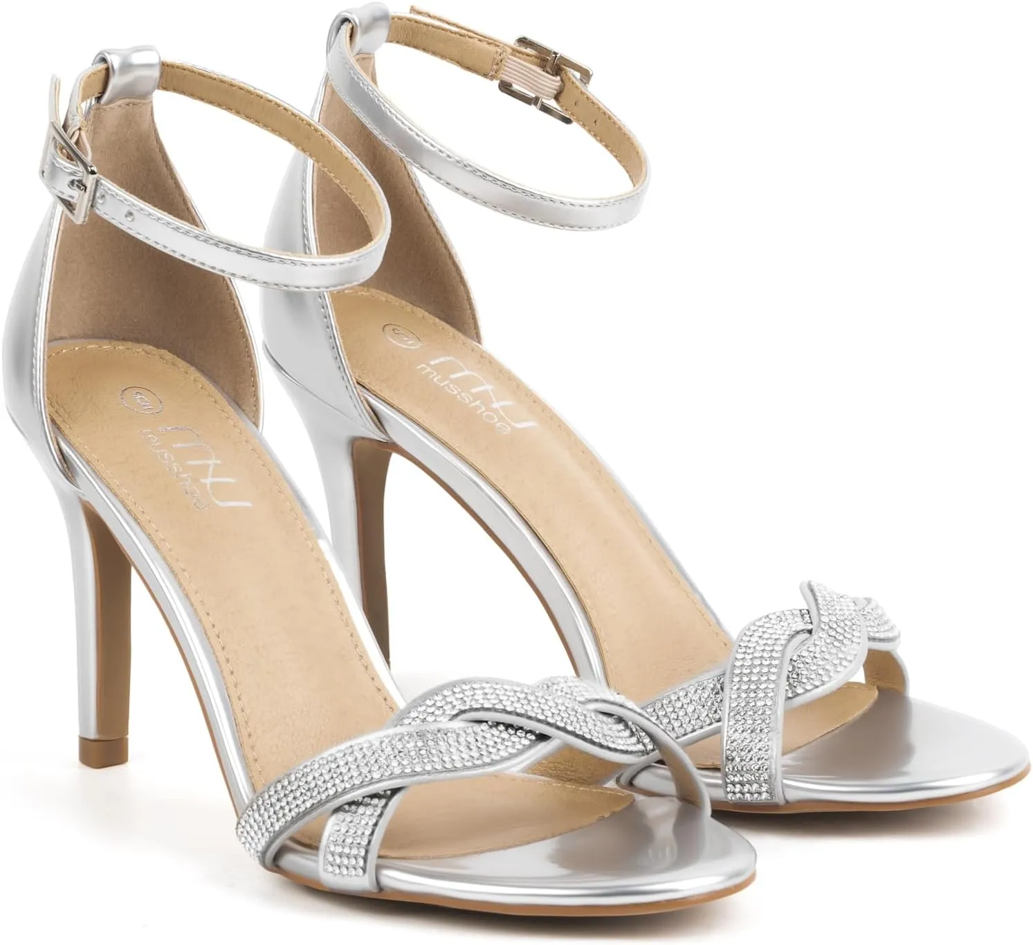 MUSSHOE Womens Stiletto High Heels Rhinestone Ankle Strap Heeled Sandals Open Toe Dress Wedding Party Shoes