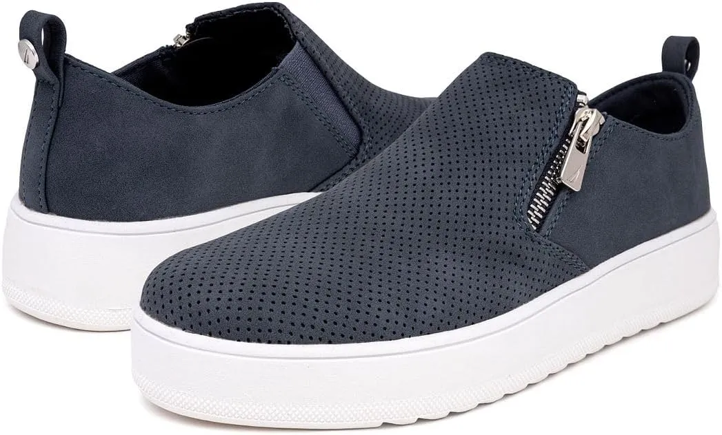 Nautica Women's Slip-On Fashion Sneakers with Side Zipper – Comfortable Low-Top Walking Shoes for Casual Everyday Wear