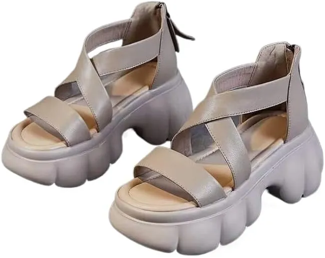 New Chinese muffin bottom retro style thick sole heightening versatile Roman sandals women's 2025 summer new cross belt