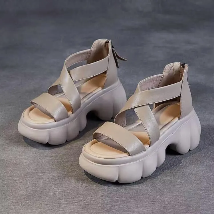 New Chinese muffin bottom retro style thick sole heightening versatile Roman sandals women's 2025 summer new cross belt