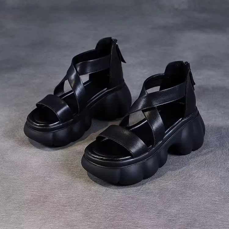 New Chinese muffin bottom retro style thick sole heightening versatile Roman sandals women's 2025 summer new cross belt