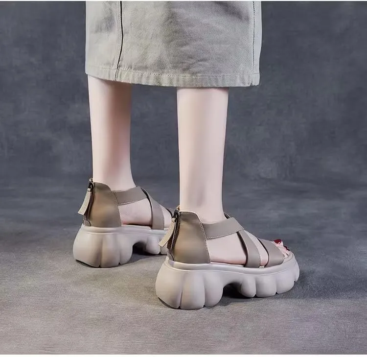 New Chinese muffin bottom retro style thick sole heightening versatile Roman sandals women's 2025 summer new cross belt