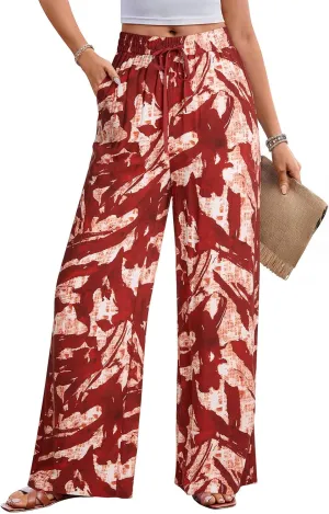 NIMIN Women Wide Leg Palazzo Pants High Waisted Casual Flowy Lounge Pants Floral Solid Beach Trousers with Pockets