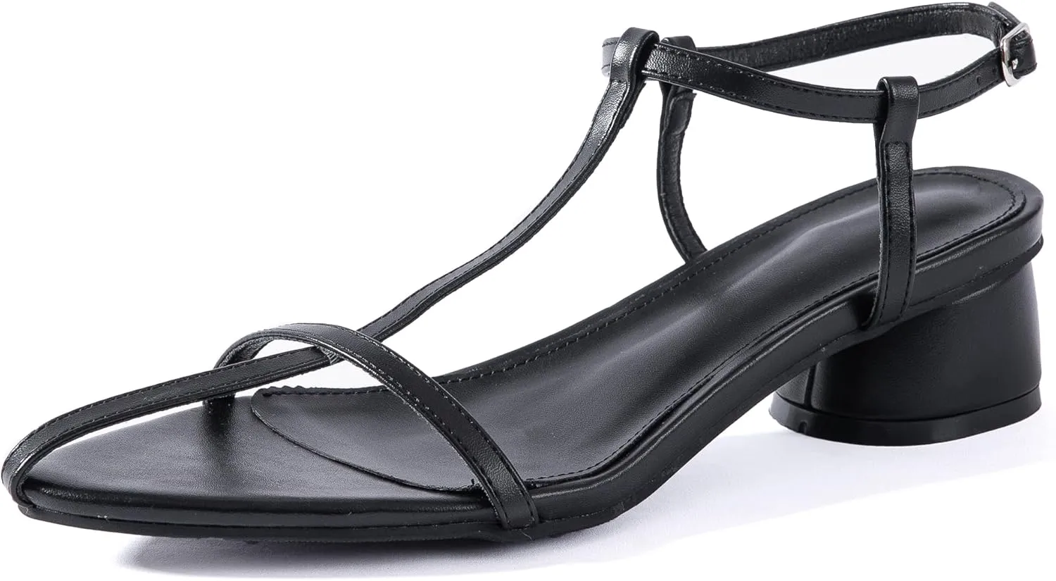 N.N.G Women Pointed Toe Ankle Strap Sandals, Low Block Heel, Black Nude Leather, 2 Inch Heel