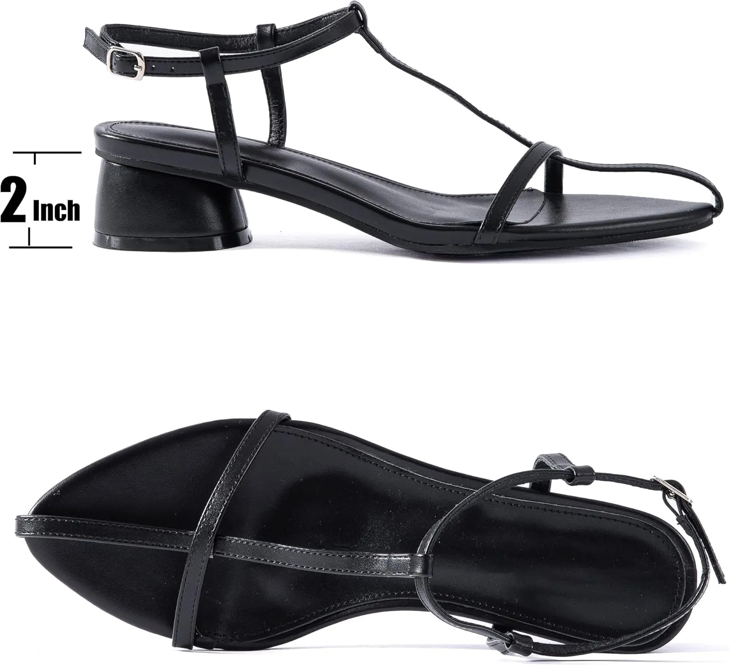 N.N.G Women Pointed Toe Ankle Strap Sandals, Low Block Heel, Black Nude Leather, 2 Inch Heel