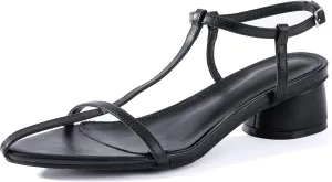 N.N.G Women Pointed Toe Ankle Strap Sandals, Low Block Heel, Black Nude Leather, 2 Inch Heel