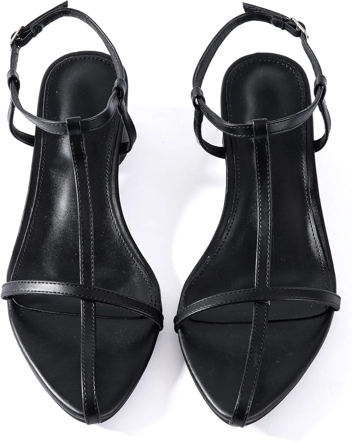 N.N.G Women Pointed Toe Ankle Strap Sandals, Low Block Heel, Black Nude Leather, 2 Inch Heel