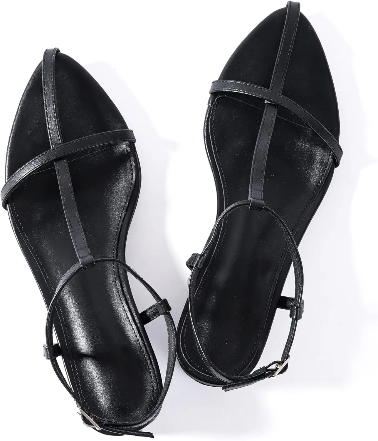 N.N.G Women Pointed Toe Ankle Strap Sandals, Low Block Heel, Black Nude Leather, 2 Inch Heel