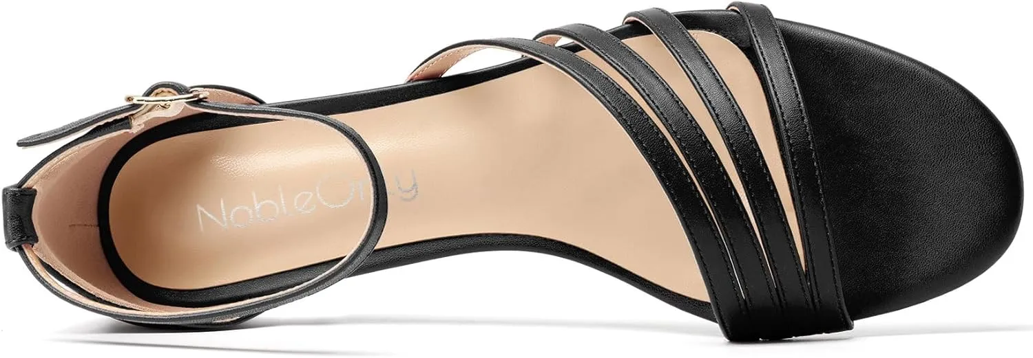 NobleOnly Womens Low Kitten Heel Open Toe Ankle Strap Gladiator Sandals Buckle Dress Office Shoes 1.2 Inches Heels