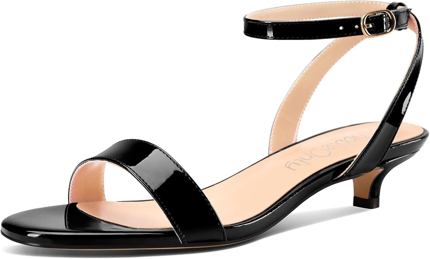 NobleOnly Womens Low Kitten Heel Open Toe Ankle Strap Slingback Patent Leather Sandals Dress Casual Buckle Shoes 1.2 Inches Heels