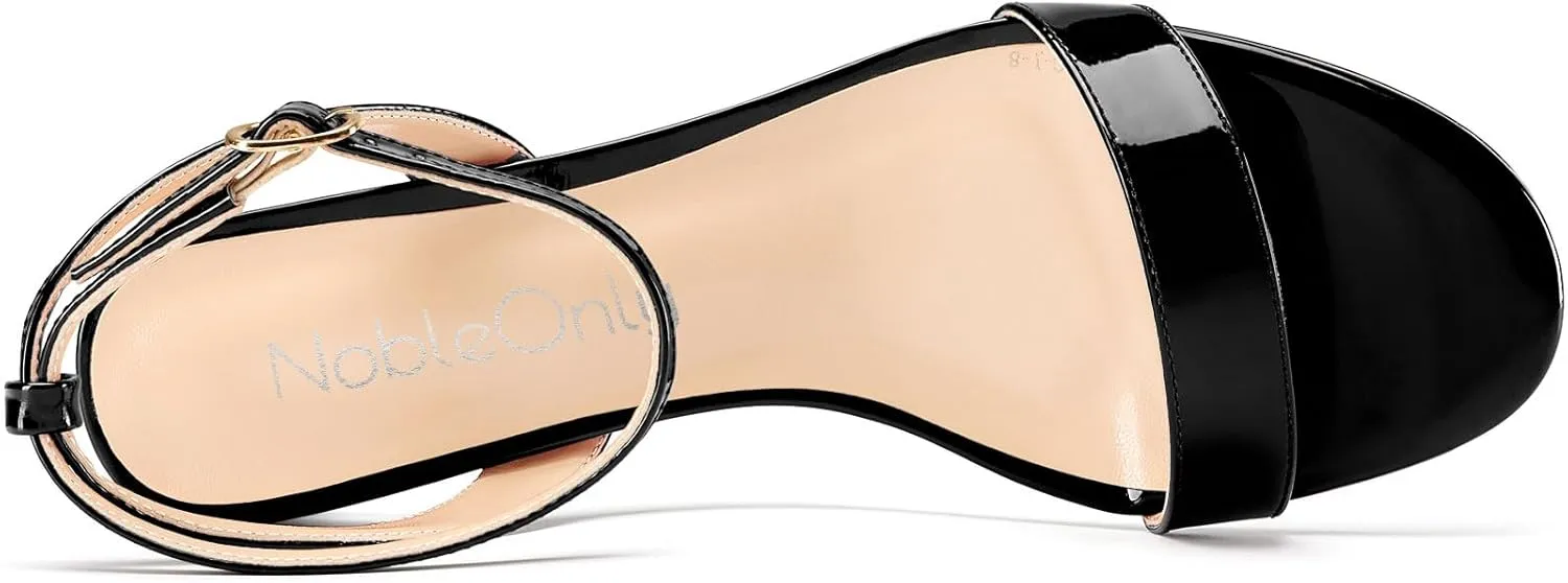 NobleOnly Womens Low Kitten Heel Open Toe Ankle Strap Slingback Patent Leather Sandals Dress Casual Buckle Shoes 1.2 Inches Heels
