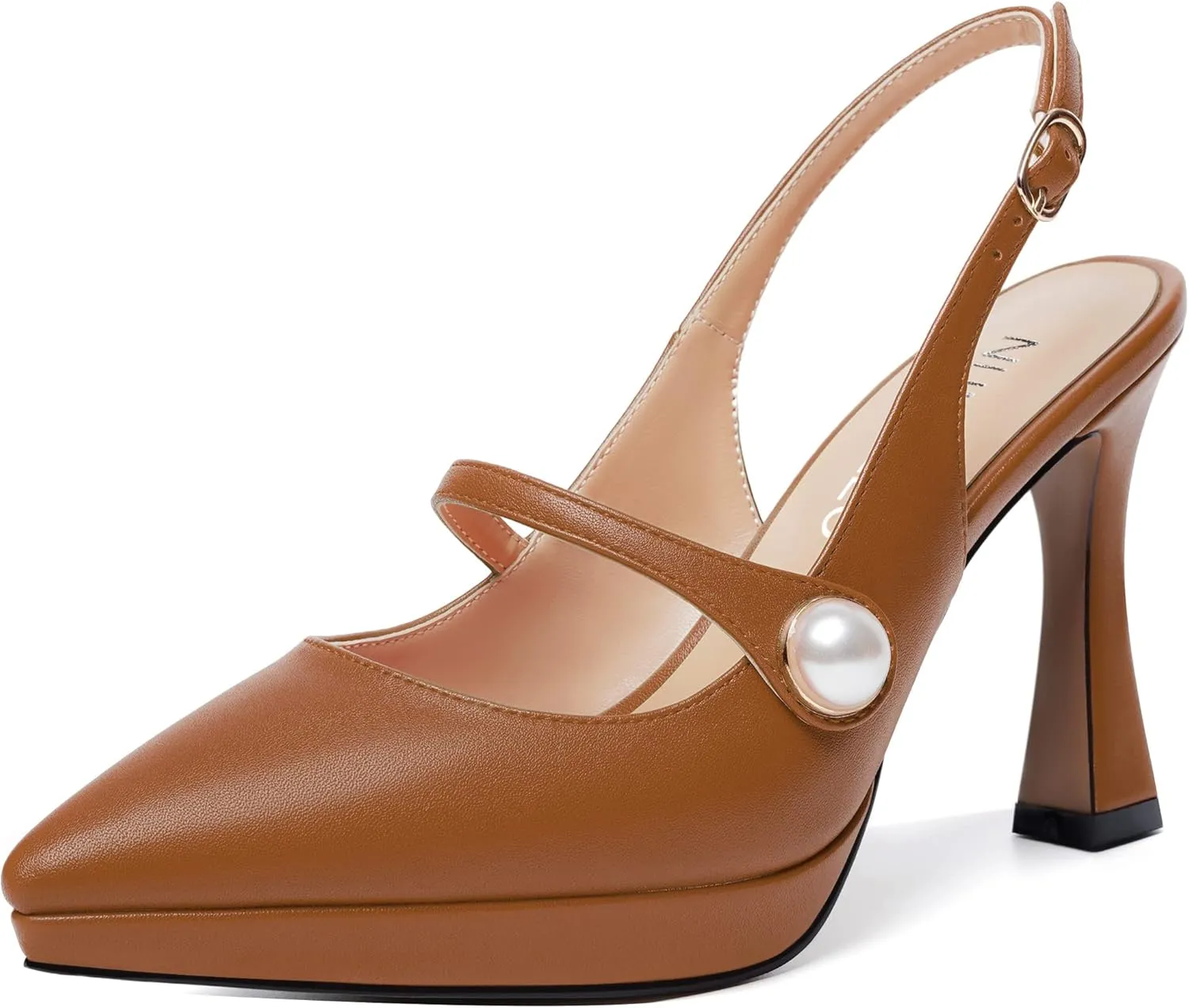 NUMALEO Womens Dress Pearl Matte Wedding Solid Ankle Strap Pointed Toe Buckle Spool High Heel Platforms Sandals 4 Inch