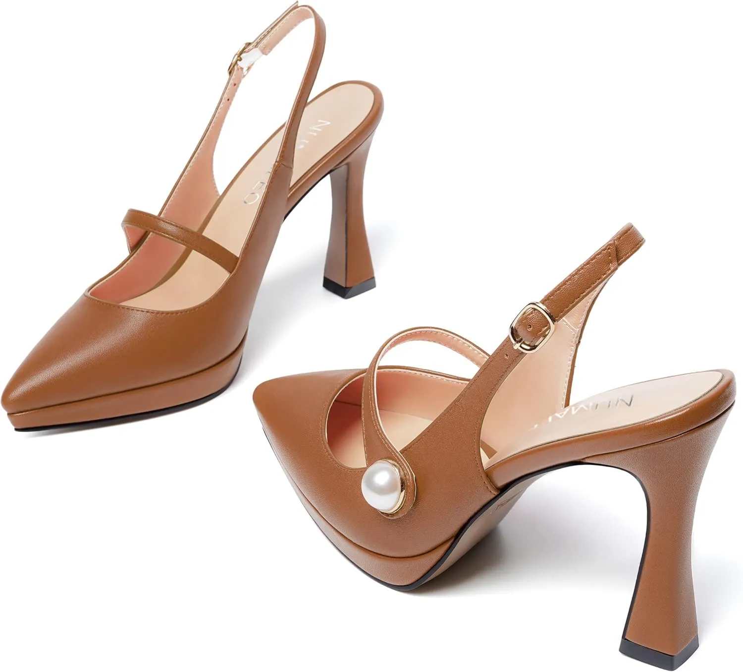 NUMALEO Womens Dress Pearl Matte Wedding Solid Ankle Strap Pointed Toe Buckle Spool High Heel Platforms Sandals 4 Inch