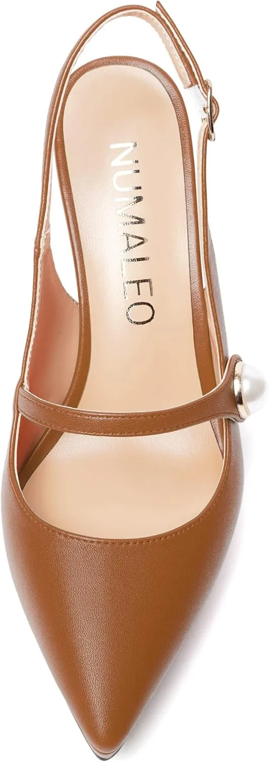 NUMALEO Womens Dress Pearl Matte Wedding Solid Ankle Strap Pointed Toe Buckle Spool High Heel Platforms Sandals 4 Inch