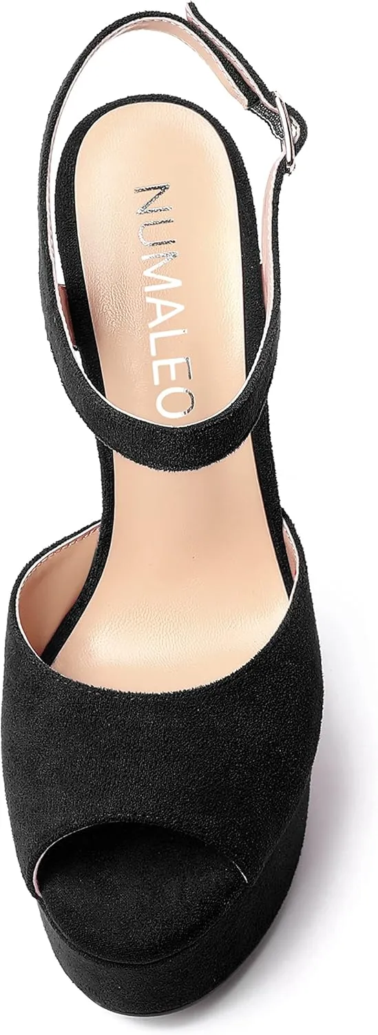 NUMALEO Womens Fashion Suede Evening Solid Peep Toe Buckle Ankle Wrap Stiletto High Heel Platforms Sandals 6 Inch