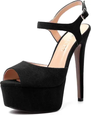 NUMALEO Womens Fashion Suede Evening Solid Peep Toe Buckle Ankle Wrap Stiletto High Heel Platforms Sandals 6 Inch