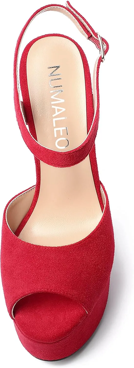 NUMALEO Womens Fashion Suede Evening Solid Peep Toe Buckle Ankle Wrap Stiletto High Heel Platforms Sandals 6 Inch