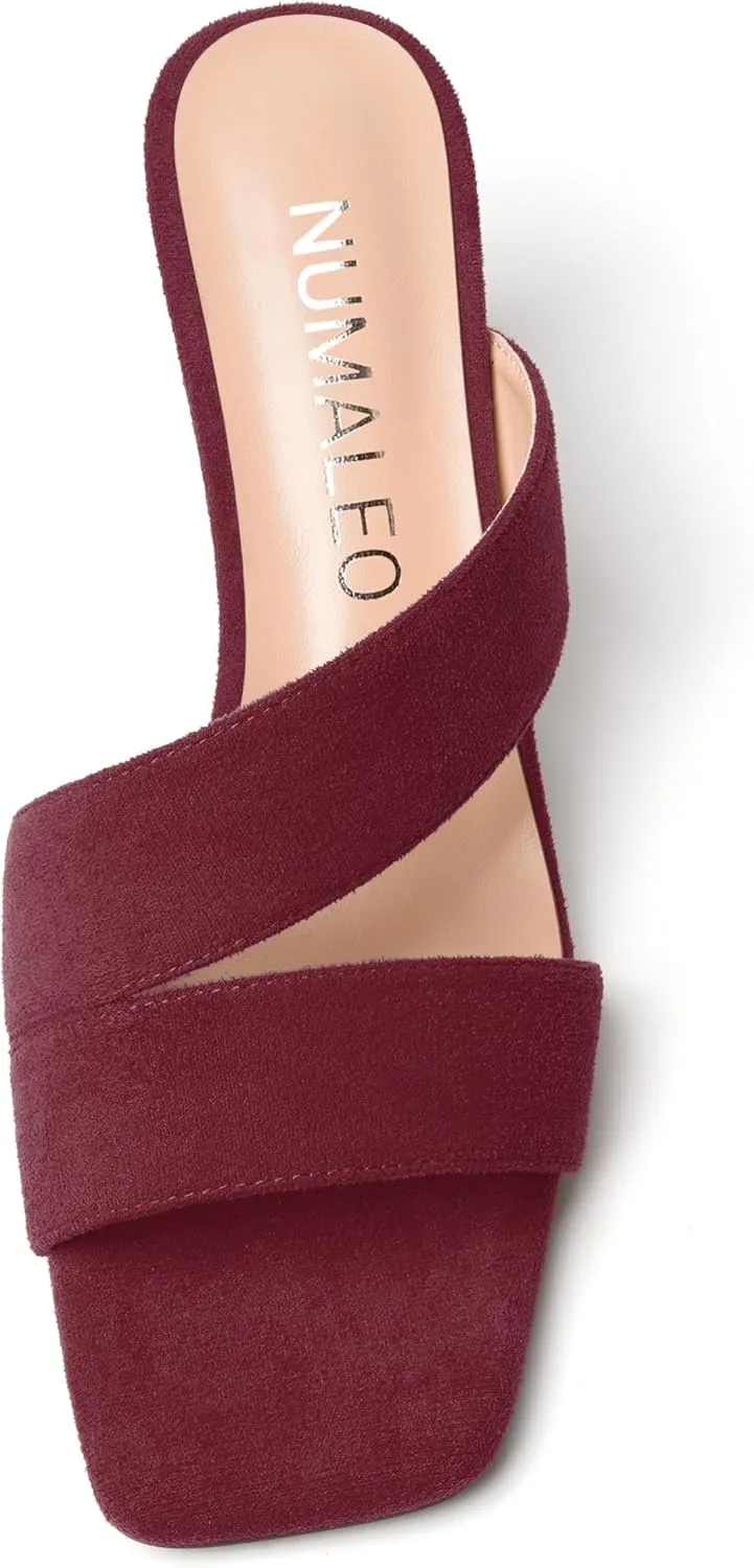 NUMALEO Womens Square Toe Suede Dress Slip On Stylish Party Stiletto Mid Heel Heeled Sandals 2.5 Inch