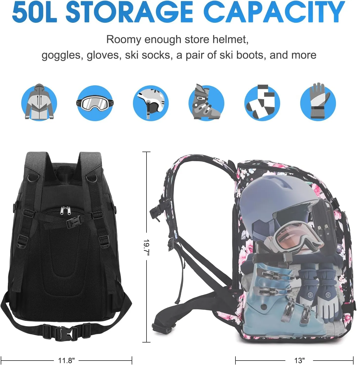 Octsky Ski Boot Bag, 50L Ski Boot Travel Backpack for Snowboard & Accessories, Floral Black