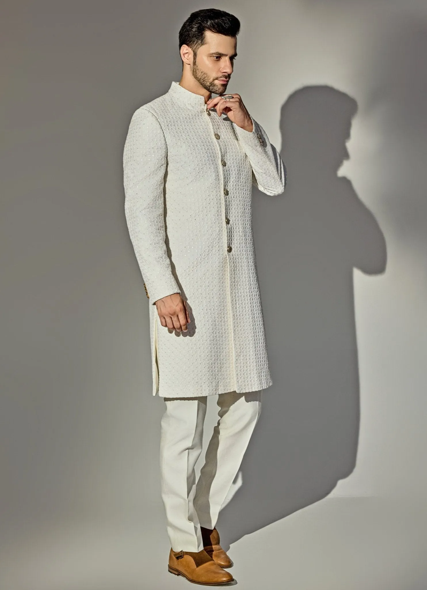 Off-White Sequin Achkan And Pant Set