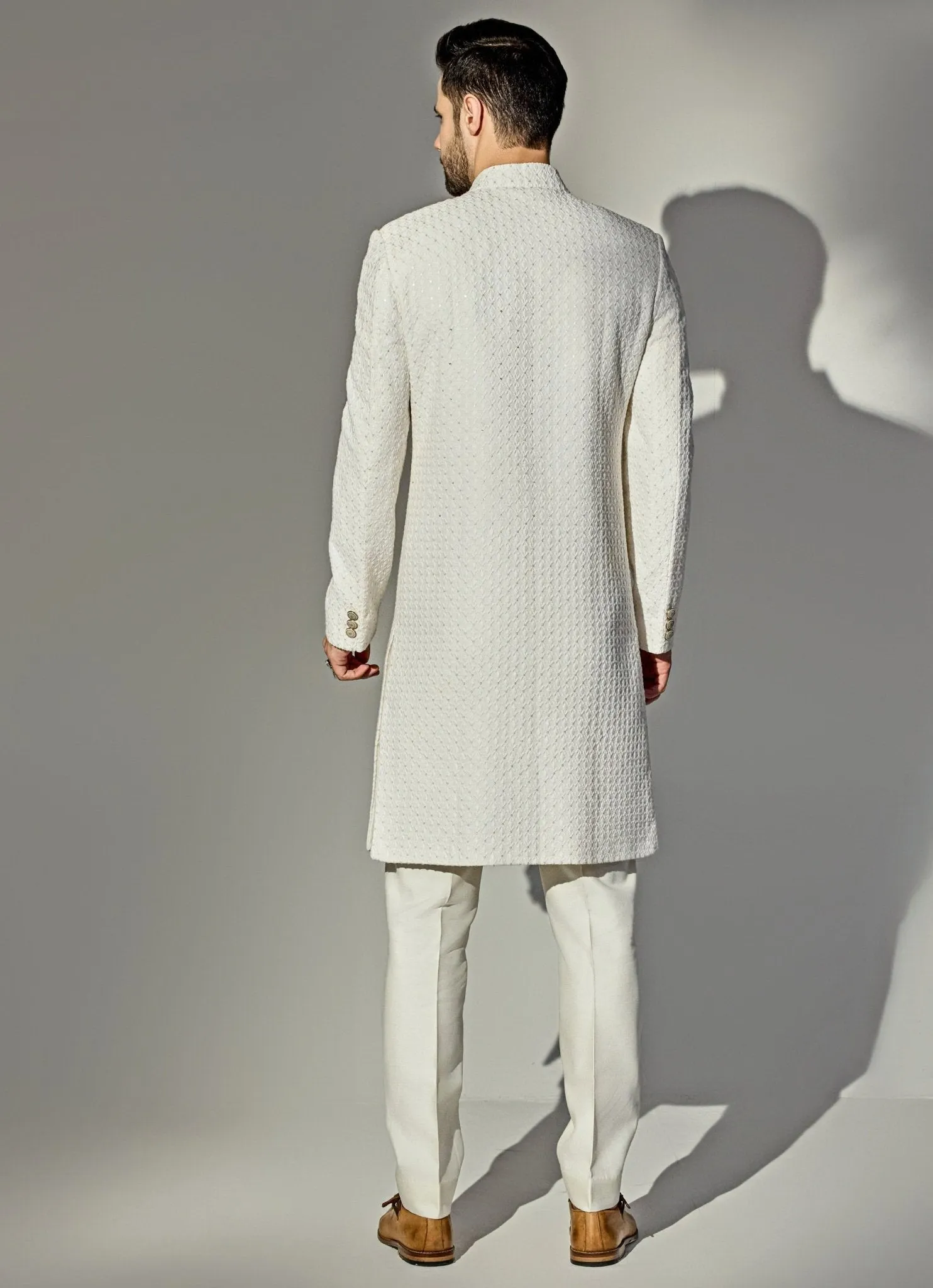 Off-White Sequin Achkan And Pant Set