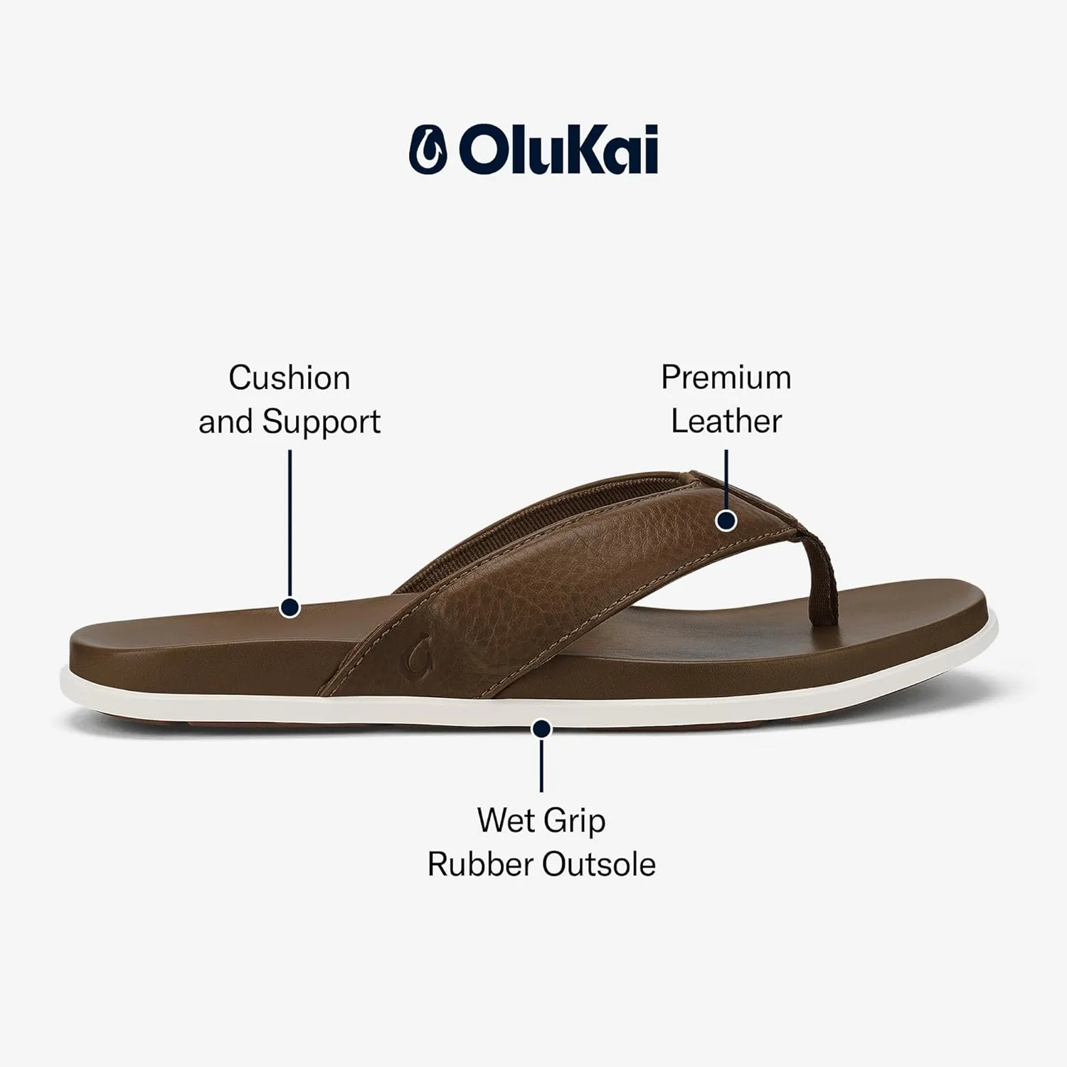 OLUKAI Olali Men's Leather Sandals, Versatile & Comfortable Flip Flops, Soft & Durable Material, Arch Support & All-Day Wear