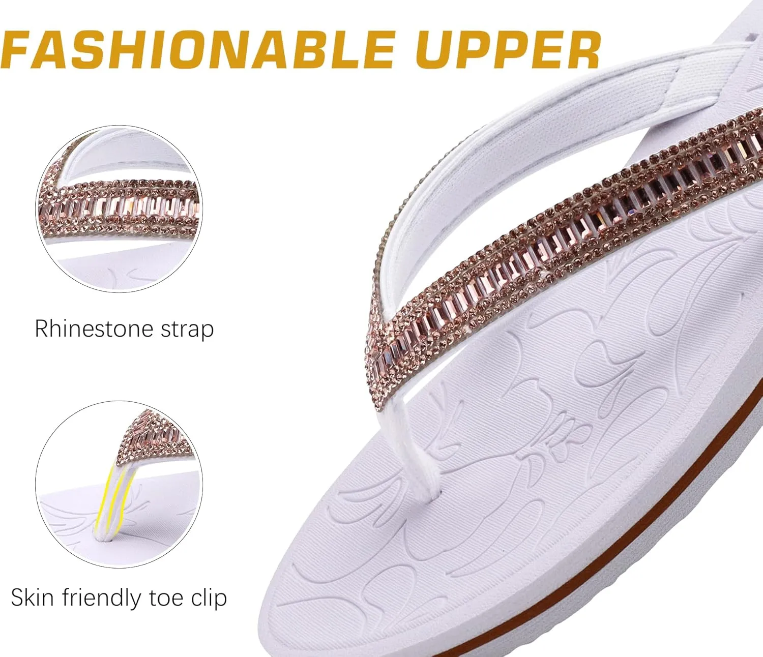 ONCAI Women's Flip Flops with Rhinestone, Arch Support Yoga Mat Comfort Walking Summer Beach Thong Sandals with Plantar Fasciitis Rubber Soles US Size 5-11