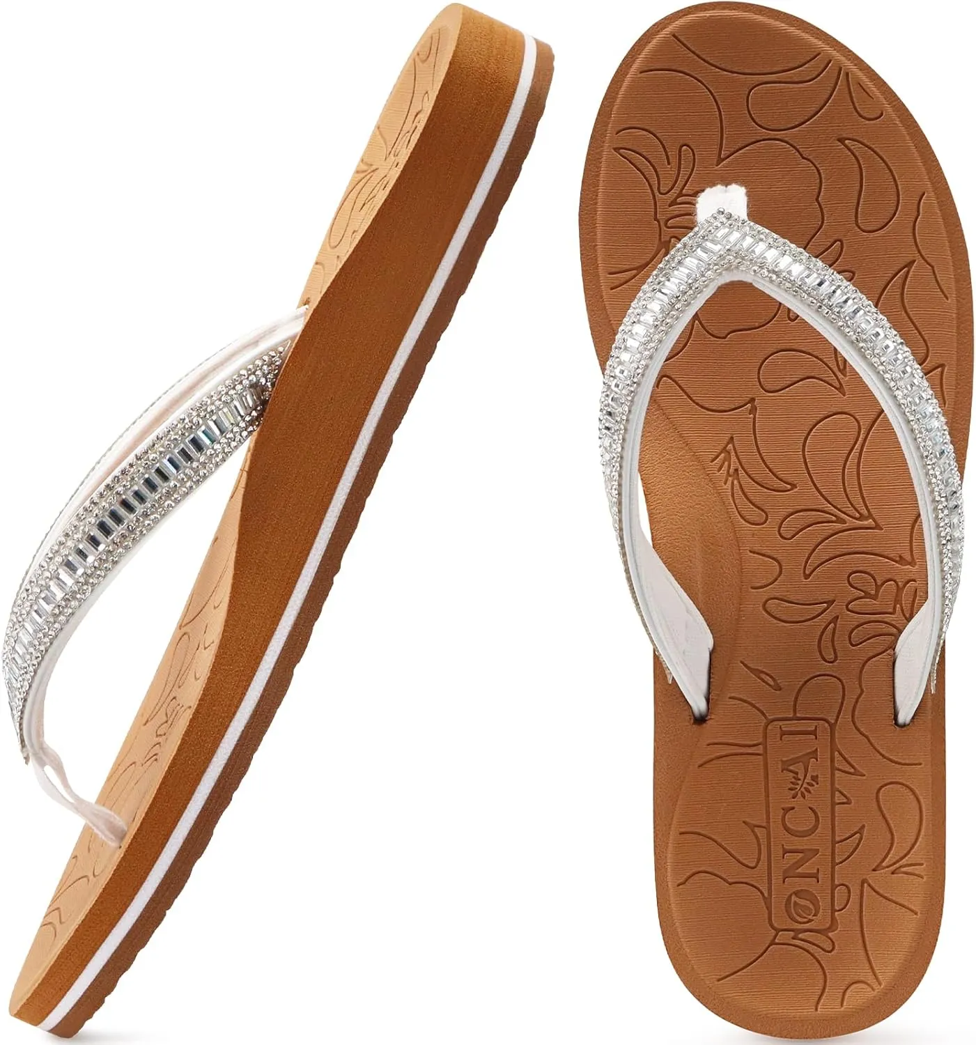 ONCAI Women's Flip Flops with Rhinestone, Arch Support Yoga Mat Comfort Walking Summer Beach Thong Sandals with Plantar Fasciitis Rubber Soles US Size 5-11