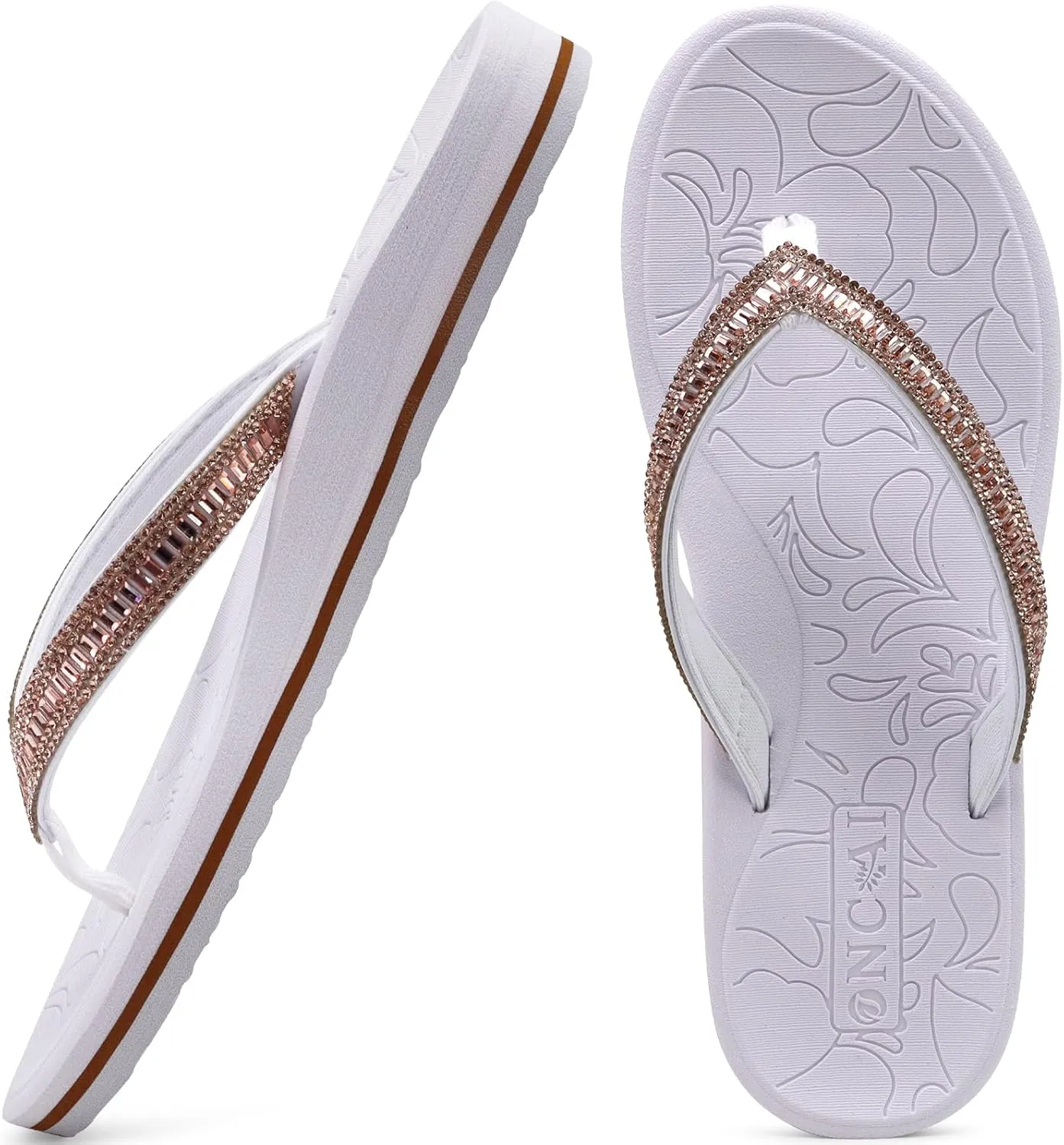 ONCAI Women's Flip Flops with Rhinestone, Arch Support Yoga Mat Comfort Walking Summer Beach Thong Sandals with Plantar Fasciitis Rubber Soles US Size 5-11