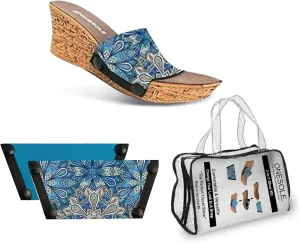 Onesole Casual Cork Travel Shoe Kit, Interchangeable Faux Cork Wedges, Pair of Blue Flower Print Interchangeable Neoprene Tops, and Dusky Blue, Tops for Women's Wedge Sandals, (Size 10)